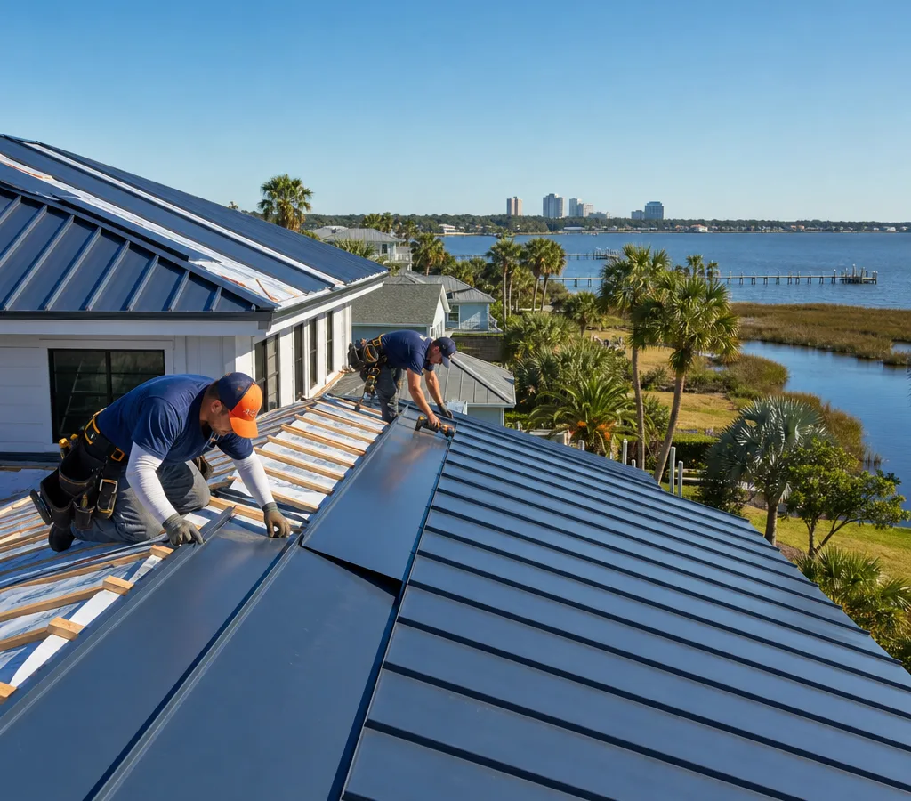 Crew installing straight standing seam metal roof panels on a Jacksonville home