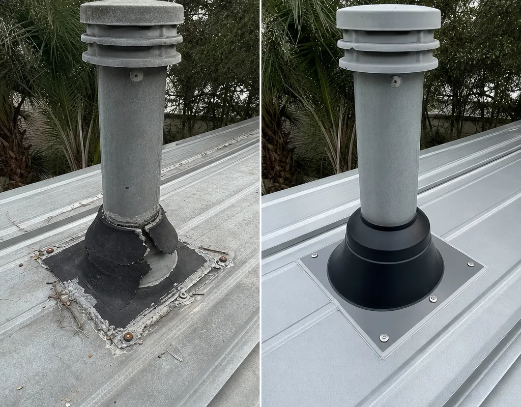 Before-and-after view of a leaking vent pipe boot replaced and re-flashed on a metal roof