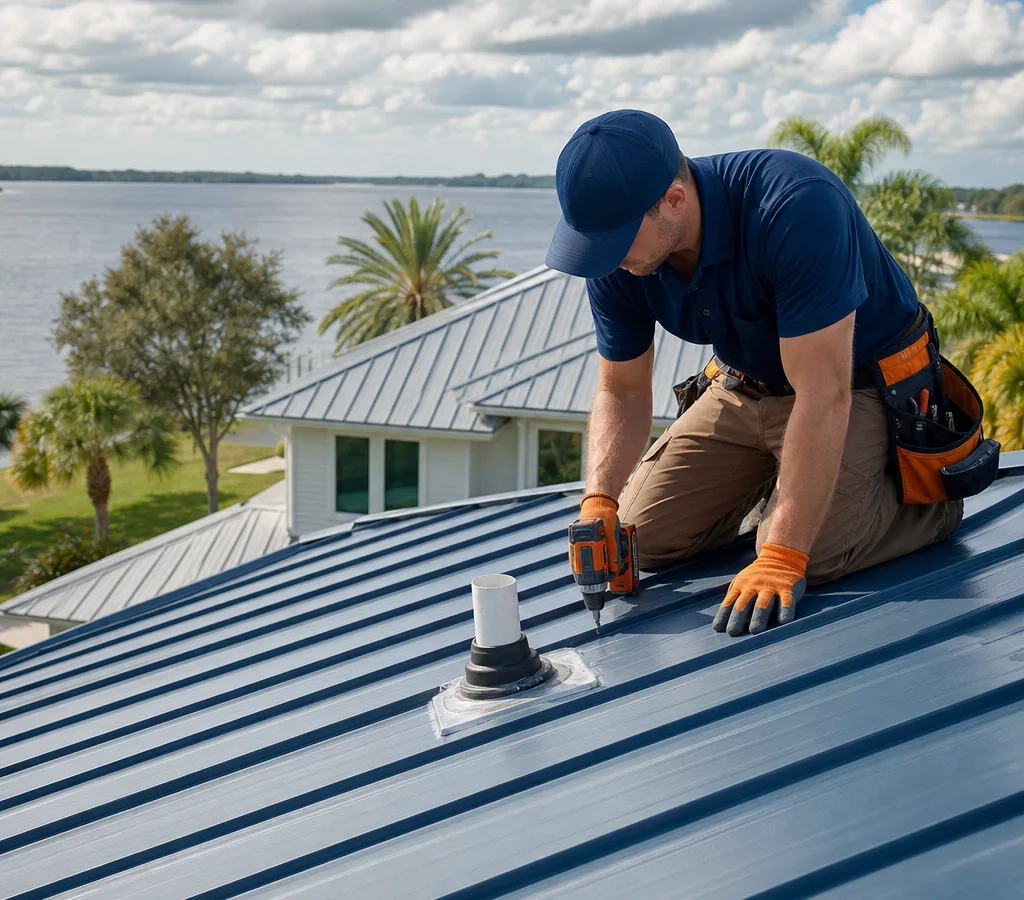 Technician tightening metal panel fasteners and inspecting a vent penetration on a Jacksonville-area roof