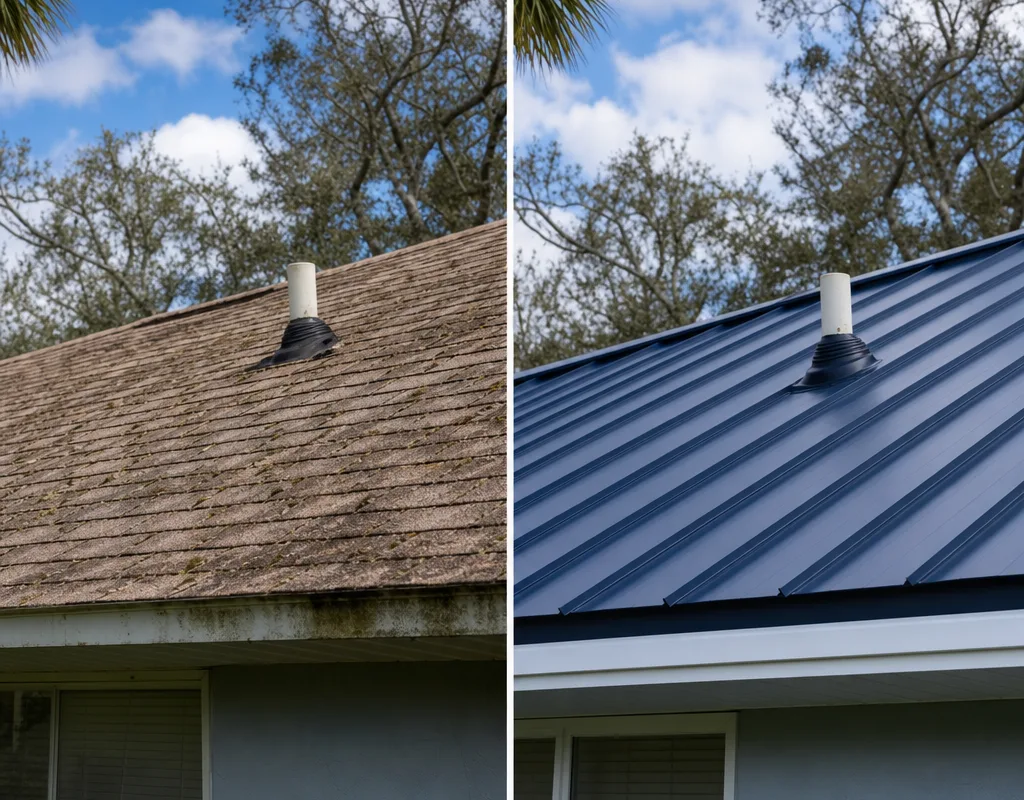 Before-and-after roof replacement showing worn shingles and staining beside a newly installed metal roof with matching trim and a finished pipe boot
