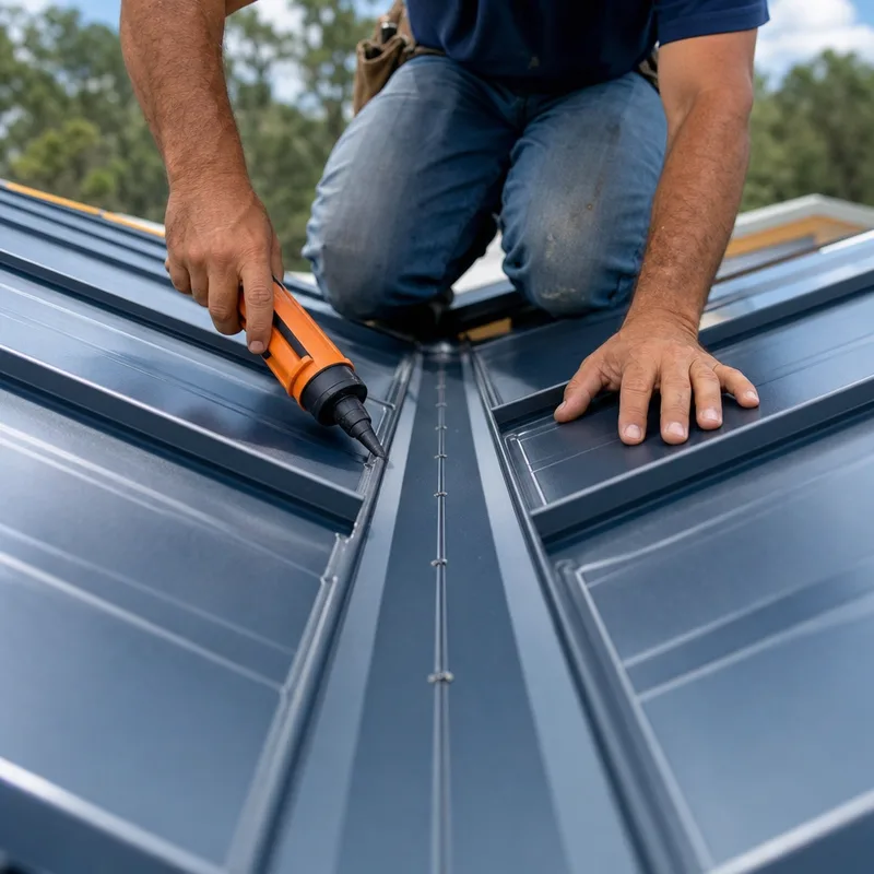 Close-up of formed metal valley flashing with neat panel cuts and sealant limited to appropriate locations