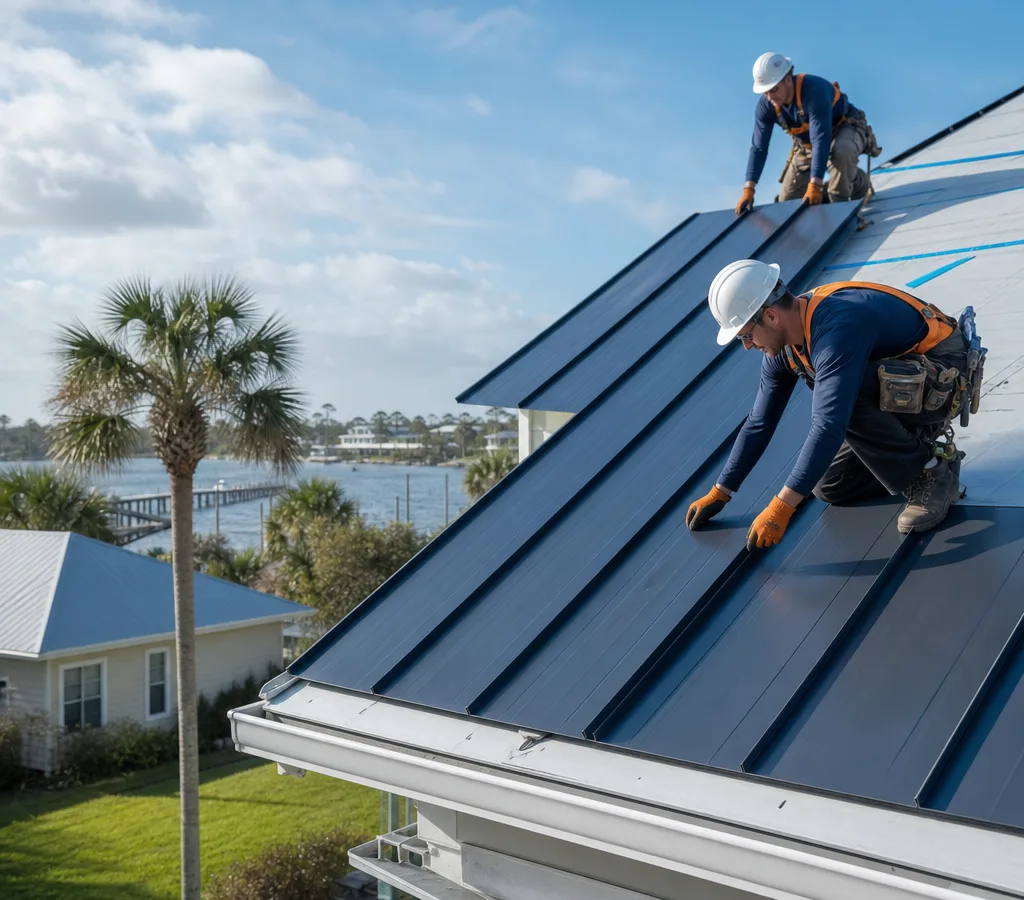Residential metal roof installation on a Jacksonville home with installers placing standing seam panels and edge metal visible along the eaves