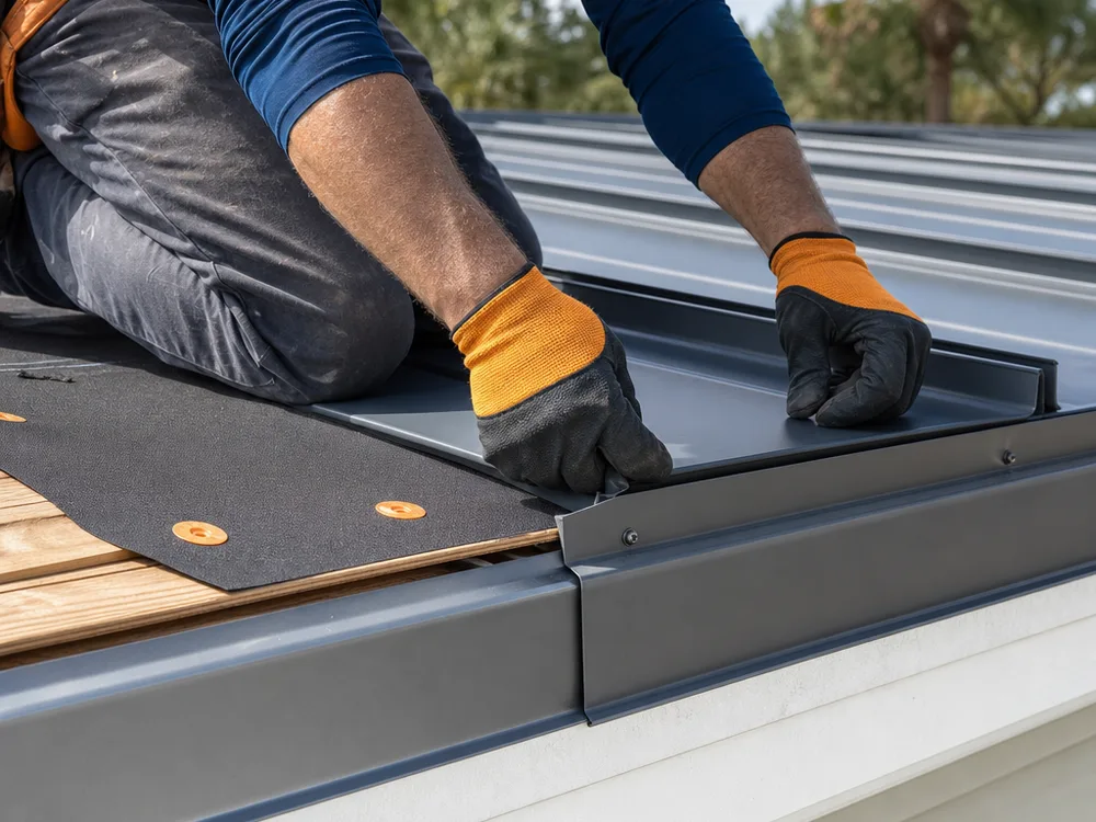 Standing seam panel ending at an eave with drip edge, underlayment, neat fastener placement, and aligned flashing