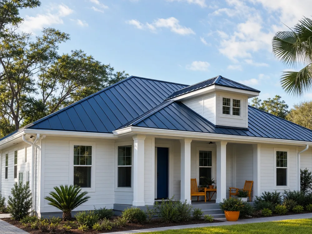 Completed standing seam metal roof on a Jacksonville home with a clean ridge line, uniform panels, gutters, and soffits visible