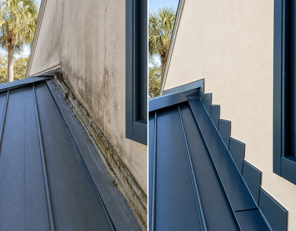 Before-and-after roof-to-wall transition showing leak evidence and corrected step flashing and counterflashing tied into metal panels