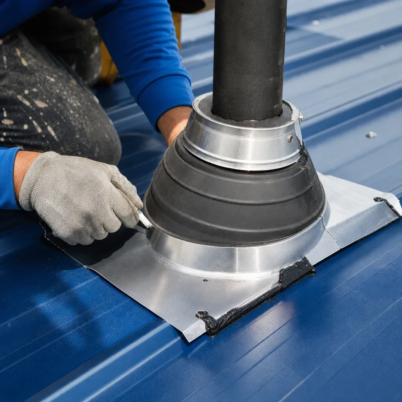 Metal roof pipe boot, storm collar, and properly installed flashing with sealant on a Jacksonville job site