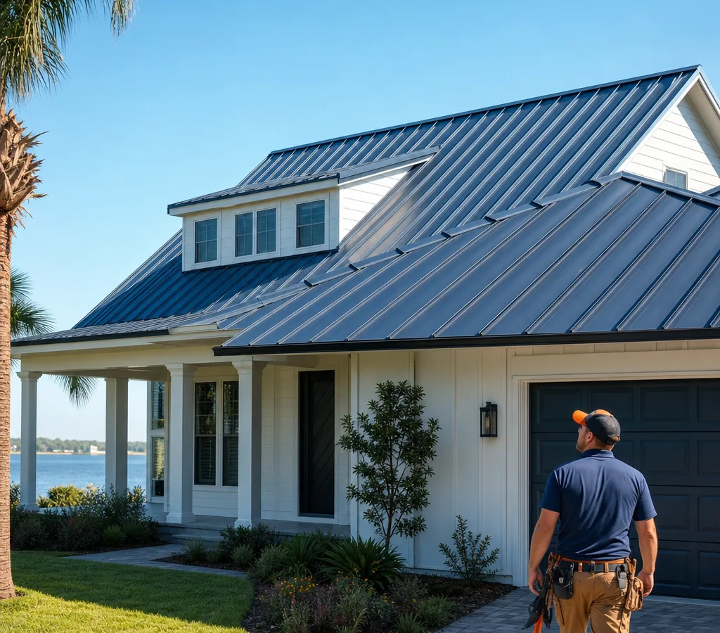 Jacksonville home with a newly installed standing seam metal roof showing clean panel lines, ridge cap, and flashing details