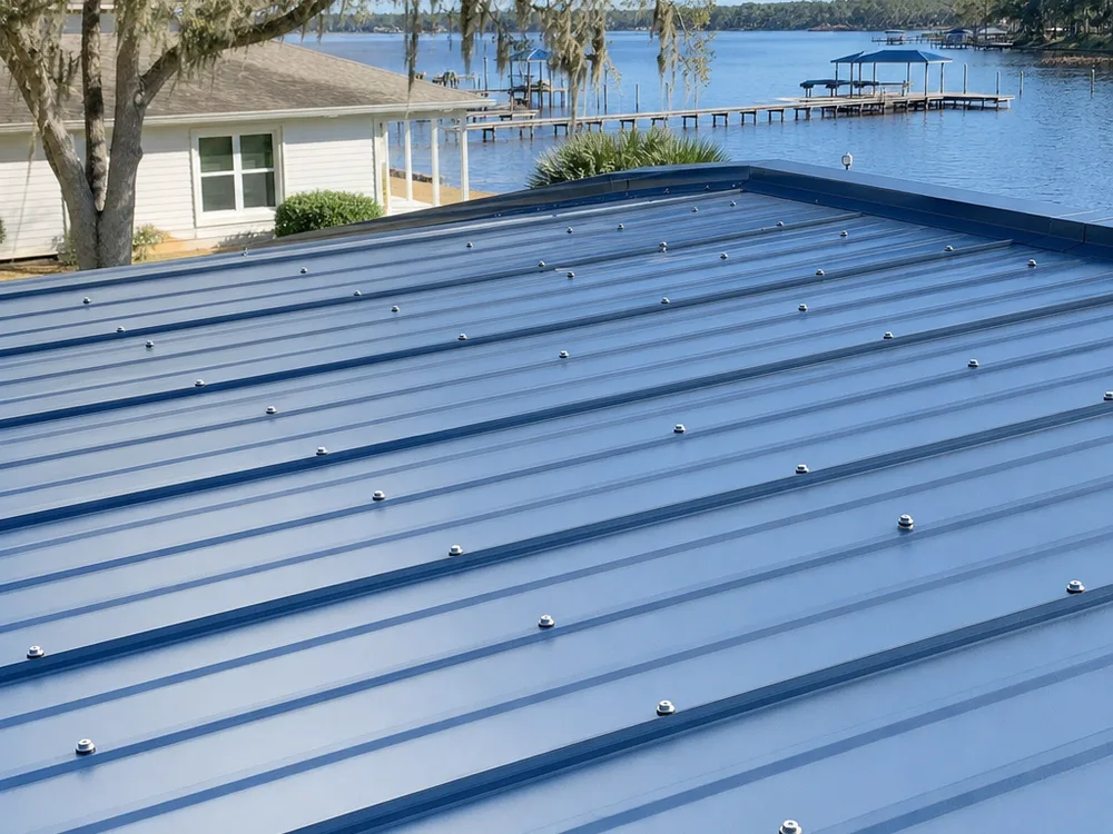Exposed-fastener metal roof showing consistent fastener rows, seated washers, and clean panel overlaps