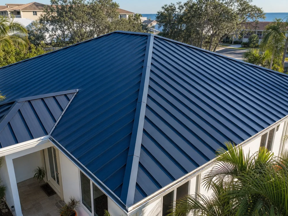 Finished standing seam metal roof on a Jacksonville home showing straight seams, aligned ridge cap, and clean eave edges
