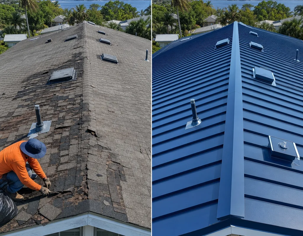 Split view of a worn asphalt shingle roof before and the same roofline after replacement with metal panels and new vent flashing