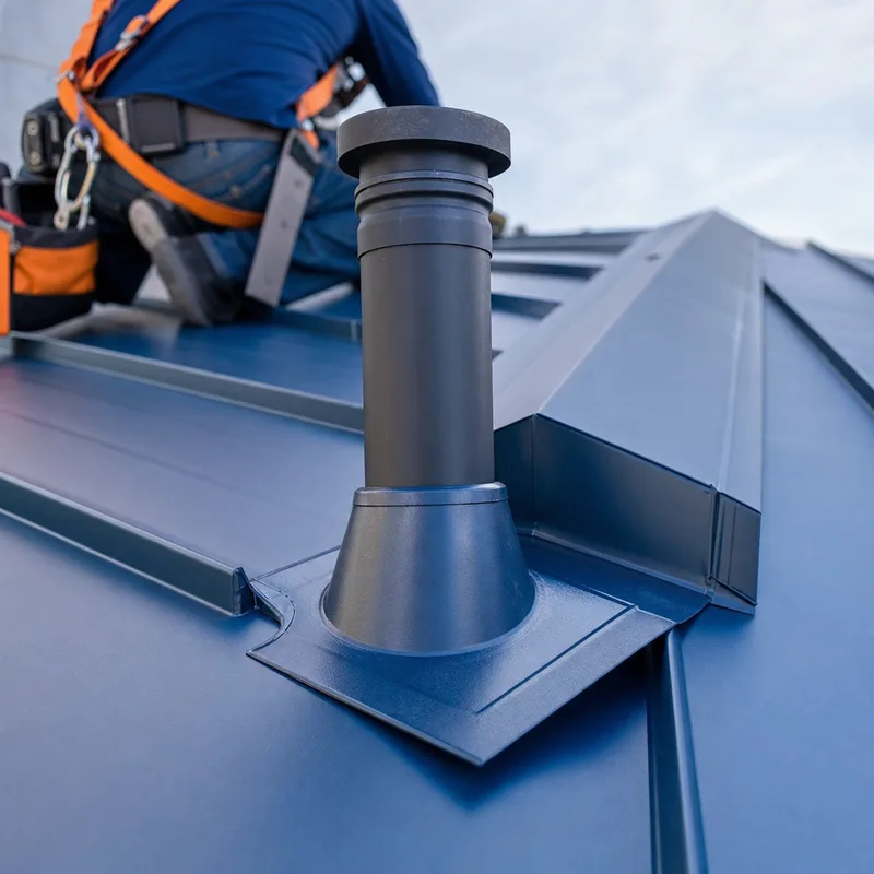 Standing seam metal roof with clean seam lines, ridge cap, and properly installed flashing around a vent penetration