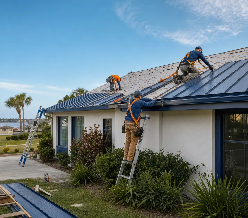 Jacksonville roofing crew installing standing seam metal panels on a single-story home with visible underlayment and safety gear