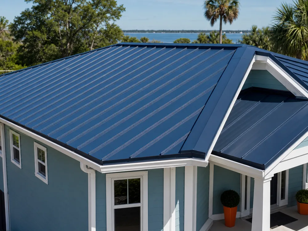 Finished standing seam metal roof on a Jacksonville home with clean ridge cap lines and matching trim at the eaves